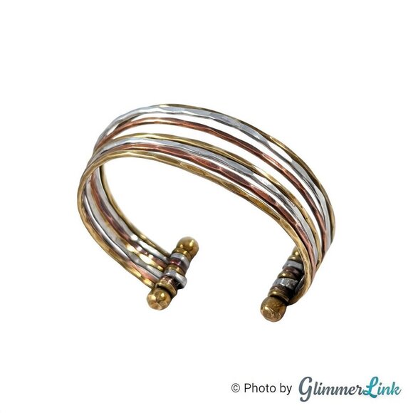 Tri Color 7 Band Hammered Metal Cuff Bracelet - Picture 4 of 8